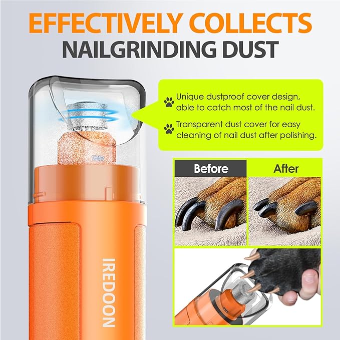 Dog Nail Grinder Upgraded - Professional 3-Speed Super Quiet and Low Vibration Electric Pet Nail Grinder with 4 LED Lights - Painless Paws Grooming & Smoothing for Small to Large Dogs (Orange)-PawvioPets