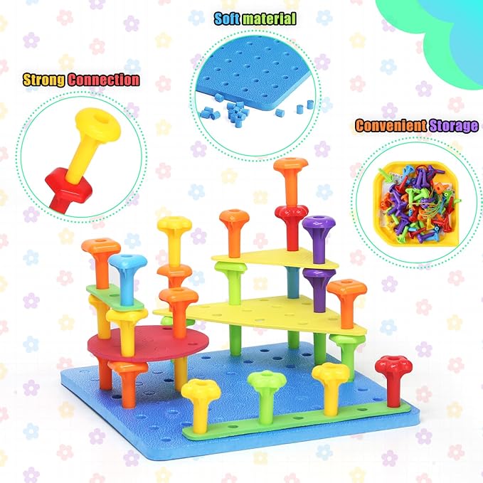 Ggiibro Peg Board Toy set 101Pcs DIY Building Stacking Toys for Kids 3-6 Years Old,STEM Educational Kids Toy for Brain Development,Montessori Sensory Toys,Plastic Lacing String Game-PawvioPets