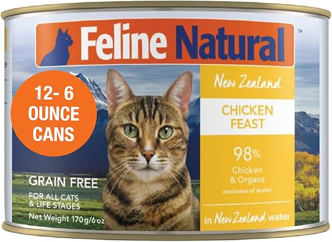 Feline Natural New Zealand Canned Catfood Wet Food, High-Meat, Low-Carb, & Grain Free Cat Food Wet, Chicken Feast, 6 oz, Pack of 12-PawvioPets
