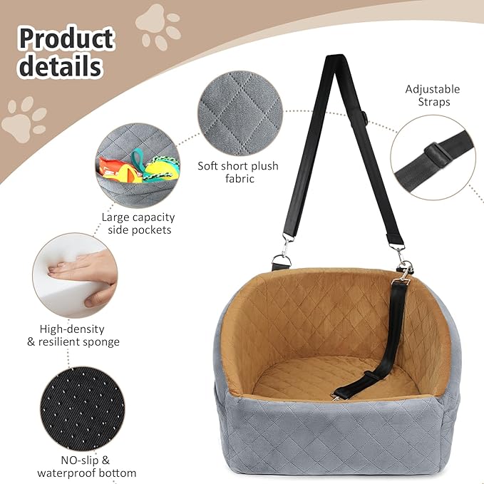 Dog Car Seat for Small Medium Dogs,Detachable Washable Dog Booster Seat Under 30lbs, Pet Car Seat Travel Bed with Storage Pockets and Dog Safety Belt(Grey/Brown)-PawvioPets