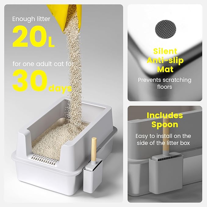 2 Pack Stainless Steel Cat Litter Box - Enclosed XL Metal Kitty Litter Box with Lid for Big Cats, High Sided, Anti-Leakage, Easy Cleaning, Non-Sticky, Included Cat Litter Spoon-PawvioPets