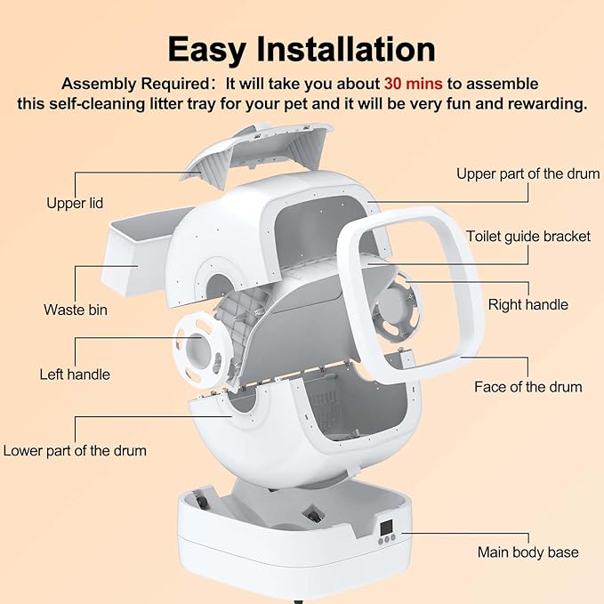 Automatic Cat Litter Box Self Cleaning - APP Control and Weight Monitoring - Ultra-Quiet, Suitable for Medium Cats and Kittens, Safe Anti-Pinch Litter Box (Assembly Required) -White-PawvioPets