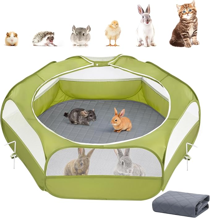 2-in-1 Small Animals Playpen with Pad, Waterproof Small Pet Cage Tent with Reusable Pad, Portable Outdoor Yard Fence with 3 Metal Rod for Chick/Kitten/Puppy/Guinea Pig/Rabbits/Chinchillas, Green-PawvioPets