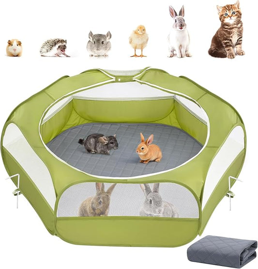 2-in-1 Small Animals Playpen with Pad, Waterproof Small Pet Cage Tent with Reusable Pad, Portable Outdoor Yard Fence with 3 Metal Rod for Chick/Kitten/Puppy/Guinea Pig/Rabbits/Chinchillas, Green-PawvioPets