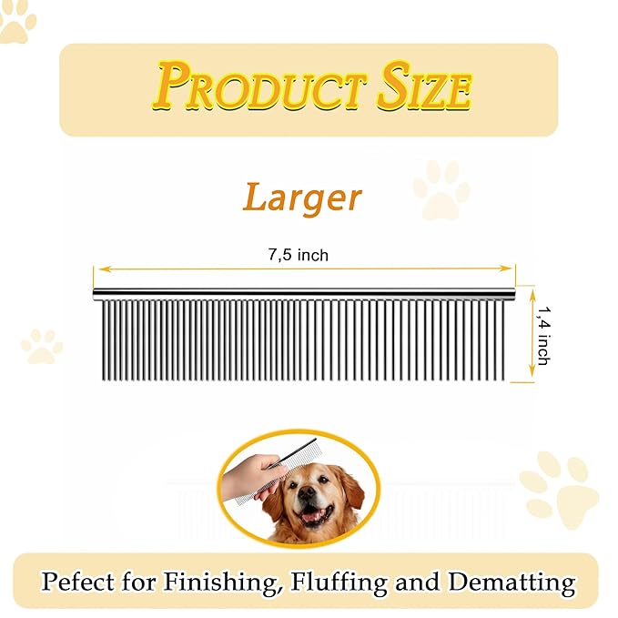 Dog Comb and Cat Combs Stainless Steel Teeth, Grooming Tool for Long & Short Hair, Dematting Comb for Dogs, Removes Tangles & Knots (Large Silver)-PawvioPets