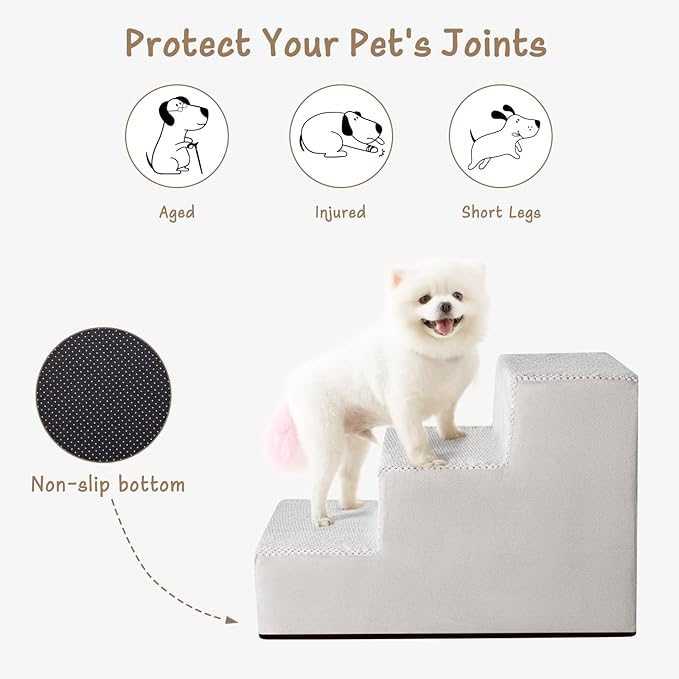 Dog Stairs for Small Dogs & Cats, 3-Step Extra Wide Non-Slip Pet Steps for Couch Sofa and Chair, Light Grey, 15.7" H-PawvioPets