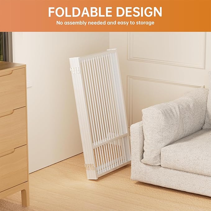 Full Metal Freestanding Dog Gate with Door, 36''Height Foldable Pet Dog Fence for Indoor & Outdoor, 4 Panels Extra Wide Free Standing TallDog Gates for Doorways,House,Stairs,Porch,Deck,Yard-PawvioPets