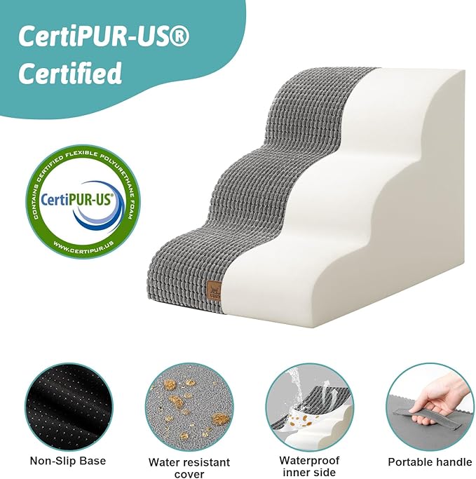 Dog Stairs for Small Dogs 15.7" H, Curved Dog Step for Puppy, Older Cat, Medium Pet Ramp for Sofa, Couch or Chair, Ladder with High Density Foam, 15.7x22.4x15.7 inch, 3 Step, Light Grey-PawvioPets