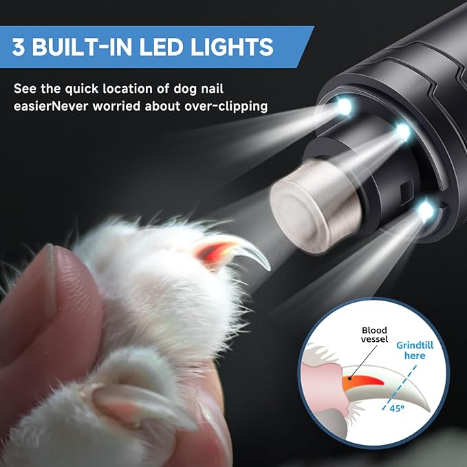 Dog Nail Grinder Quiet 2-Speed Pet Nail Grinder with 3 Led Lights and 3 Ports Rechargeable Electric Dog Nail Trimmer for Large and Small Dogs/Cats and Small Animals Safe (Black)-PawvioPets