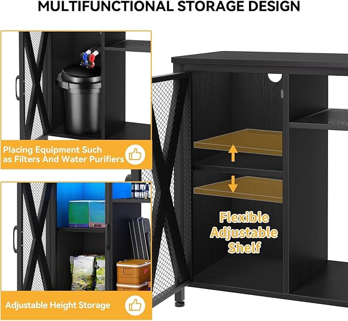 DWVO 40-50 Gallon Aquarium Stand with Power Outlets & LED Light, Cabinet for Fish Tank Accessories Storage - Metal Fish Tank Stand Suitable for Turtle Tank, Reptile Terrarium, 660LBS Capacity, Black-PawvioPets