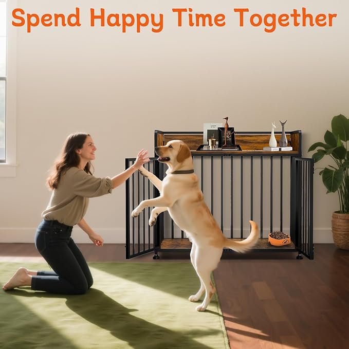 Dog Crate Furniture End Table with Table Guardrail, Heavy Duty Large Dogs Cage, 42 Inch Dog Kennel, Medium Large Dogs House Decorative Pet Crate Indoor-PawvioPets