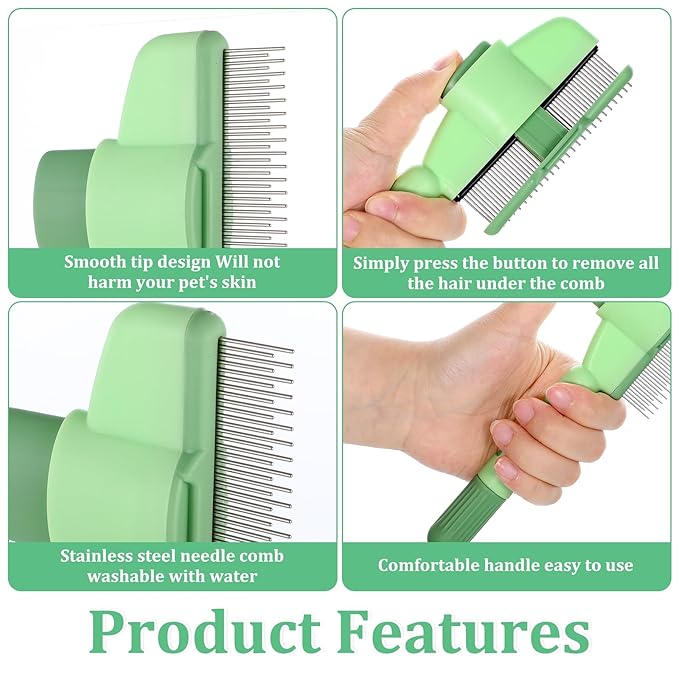 Flea Comb for Cats Dogs Brush for Shedding with Release Button Fine Tooth Pet Hair Removal Comb with Long & Short Stainless Steel Teeth for Deshedding Self-Cleaning Brush for Cat Dog Small Pets-PawvioPets