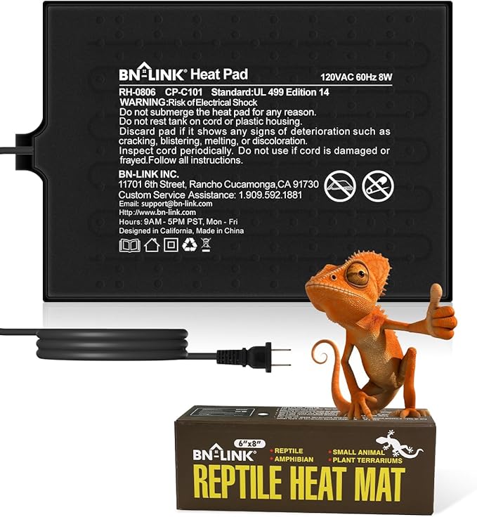 BN-LINK Reptile Heat Pad 6"X8" 8W for 10-20gal Under Tank Terrarium Heating Mat Waterproof for Turtle, Lizard, Frogs, Snake, Hermit Crab-PawvioPets