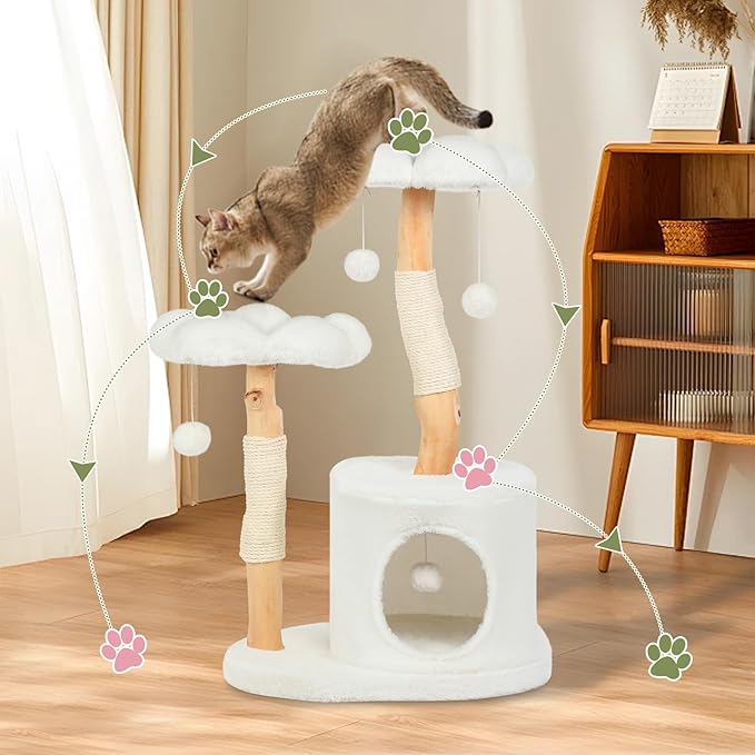 Cute Cat Tree Tower for Indoor Cats Adult, Wood Flower Cat Trees with 6 Pompoms, Modern Cat Tree Tower with Scratching Post, Aesthetic Luxury Cat Condo for Cats Kitten, Alpine White-PawvioPets