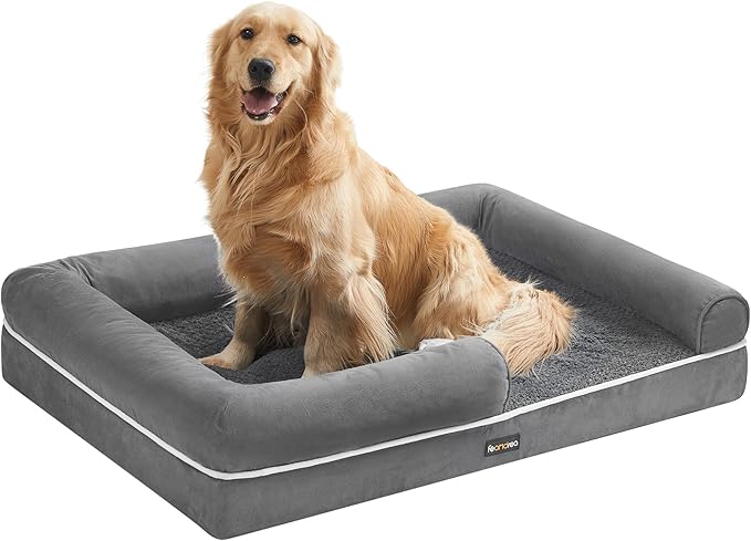 Feandrea Dog Bed, Orthopedic Large Waterproof Bed, Removable Washable Cover Dog Sofa with Non-Slip Bottom, Raised Edges, 42 x 32 x 8 Inches, Light Gray UPGW077G02V1-PawvioPets