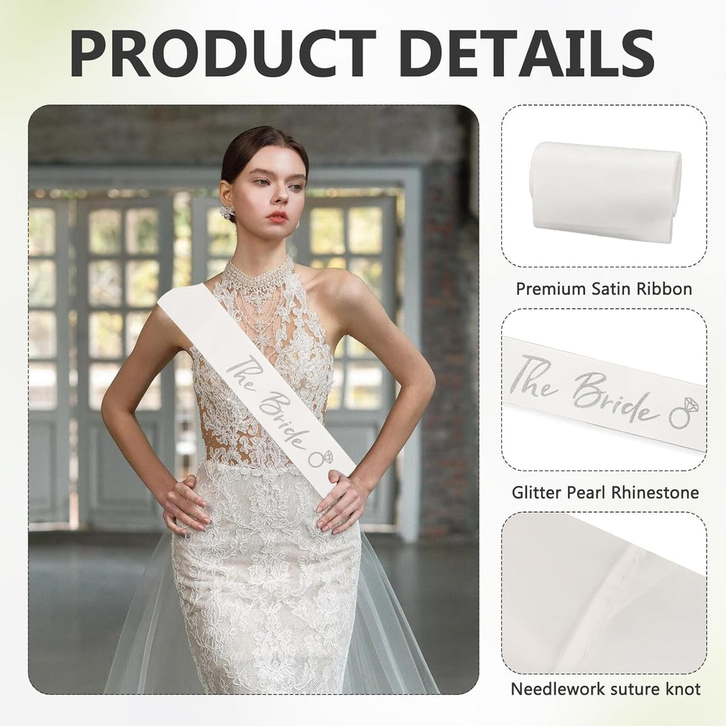 MVVM Bride Sash and Bachelorette Sashes Set | 3-Piece Bridal Headband with Tiara Veil, Sash, Veil for Bride to Be - Wedding Shower, Bachelorette Party