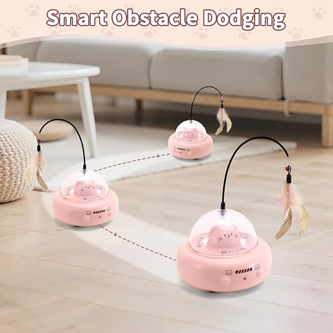 Automatic Cat Toys with Feathers, Interactive Cat Toy for Indoor Exercise, Rechargeable Teasing Toys for Indoor Cats, USB Powered, Smart Standby&Obstacle Avoidance(Pink)-PawvioPets