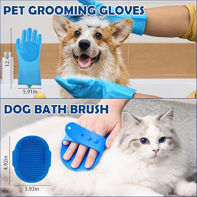 Dog Grooming Brush Set – 5-Piece Kit for Medium & Long-Haired Dogs | Includes Long Pin Brush, Flea Comb, Bath Glove, Silicone Glove, Metal Comb | For Poodles, Huskies & More (Blue)-PawvioPets