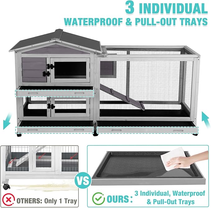 62" Rabbit Hutch with Chew-Proof Ramp & Waterproof Roof - Indoor/Outdoor Bunny Cage, 2-Story Design, 6 Lockable Caster Wheels & Dual Pull-Out Trays (Grey)-PawvioPets
