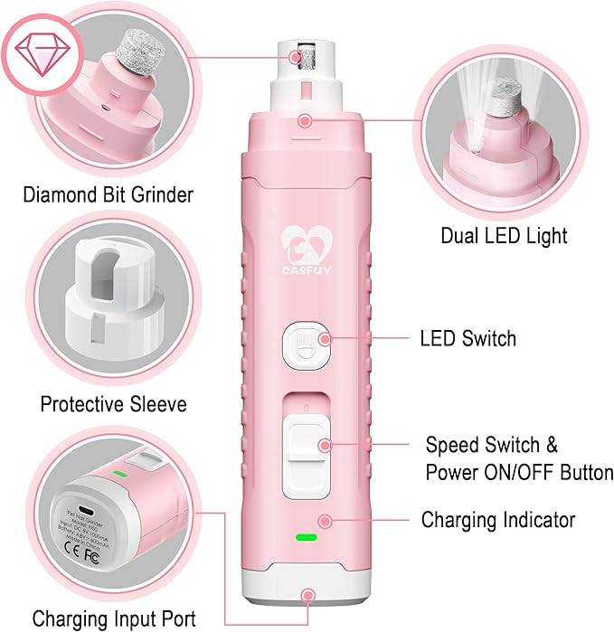 Casfuy Dog Nail Grinder with 2 LED Light for Large Medium Small Dogs - 3X More Powerful 2-Speed Electric Pet Nail Trimmer Rechargeable Quiet Painless Paws Grooming & Smoothing Tool-PawvioPets