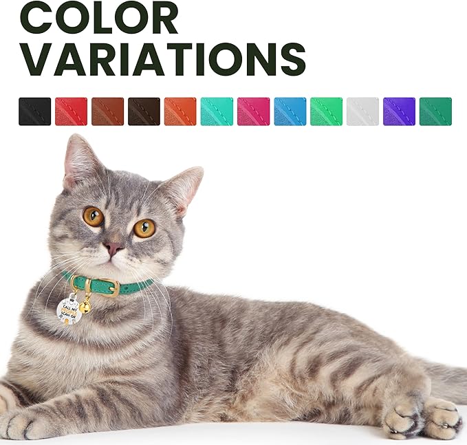 BRONZEDOG Leather Cat Collar with Removable Bells Non Breakaway Kitten QR Tag for Girl Boy (9" - 12" Cats/Mini Dogs, Black & Gold)-PawvioPets