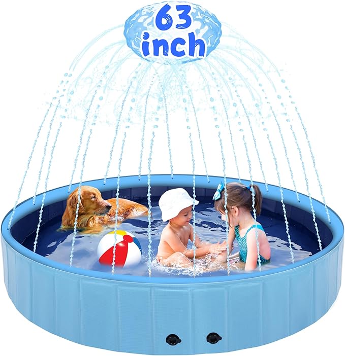 63" Large Dog Pool with Sprinkler, 2-in-1 Foldable Swimming Pool Non-Slip Hard Plastic Splash Sprinkler Kiddie Pool for Outdoor Backyard Kids Dogs Ducks and Pet Baths-PawvioPets