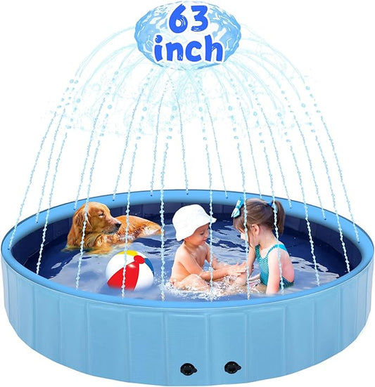 63" Large Dog Pool with Sprinkler, 2-in-1 Foldable Swimming Pool Non-Slip Hard Plastic Splash Sprinkler Kiddie Pool for Outdoor Backyard Kids Dogs Ducks and Pet Baths-PawvioPets