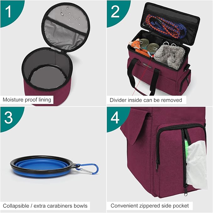 Airline Approved Pet Travel Bag, Weekend Travel Set for Dog and Cat, Airline Approved Tote Organizer with Multi-Function Pockets, 2 Dog Food Storage Containers, 2 Collapsible Bowls (Rose Red)-PawvioPets