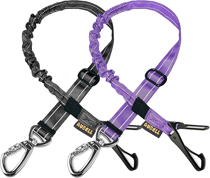 AUBELL Dog Seat Belt for Car,2 Pack Set 3-in-1 Adjustable Reflective Bungee Heavy Duty Dog Car Harness Tether with Clip Hook Latch & Buckle,Swivel Zinc Alloy Carabiner,Black+Purple-PawvioPets