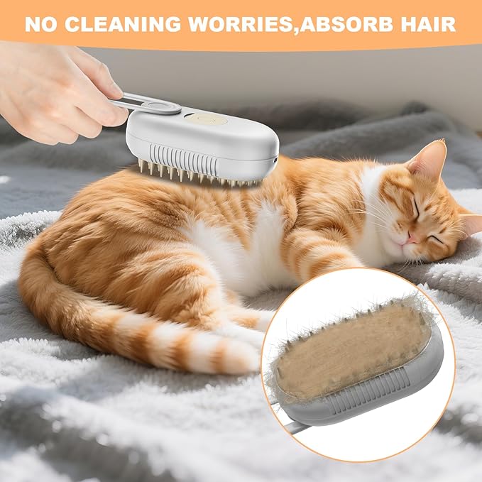 4 in 1 Cat Steam Brush for Shedding，Rechargeable Steam Pet Brush With Rotating Handle for Massaging, Self-Cleaning, and Pet Hair Removal for Long and Short Hair of Cat and Dog （Beige）-PawvioPets