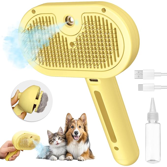 3 In 1 Steamy Brush with Release Button and Tank, Anti-Static Pet Brush for Long and Short Hair Pets to Remove Tangles and Loose Fur (Yellow)-PawvioPets