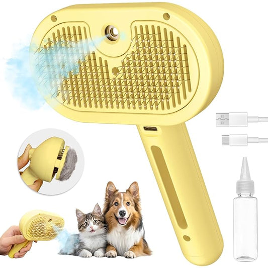 3 In 1 Steamy Brush with Release Button and Tank, Anti-Static Pet Brush for Long and Short Hair Pets to Remove Tangles and Loose Fur (Yellow)-PawvioPets