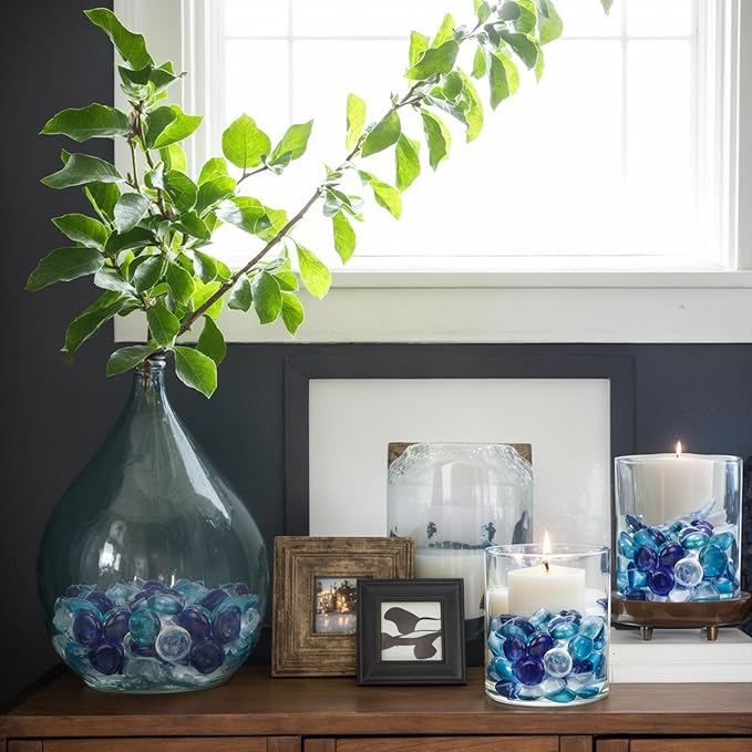 FUTUREPLUSX 0.97 pounds, Flat Glass Marbles, Blue Mixed Gemstone Vase Fillers Beads Decorative Glass Pebbles Floral Fish Tank Rocks for Vases Table Scatter Aquarium Decor-PawvioPets