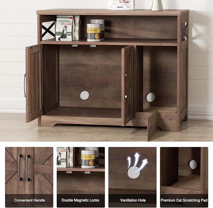 Cat Litter Box Enclosure, Hidden Litter Box Furniture with Scratch Pad, Farmhouse Indoor Cat House Washroom End Table, Retro Brown-PawvioPets