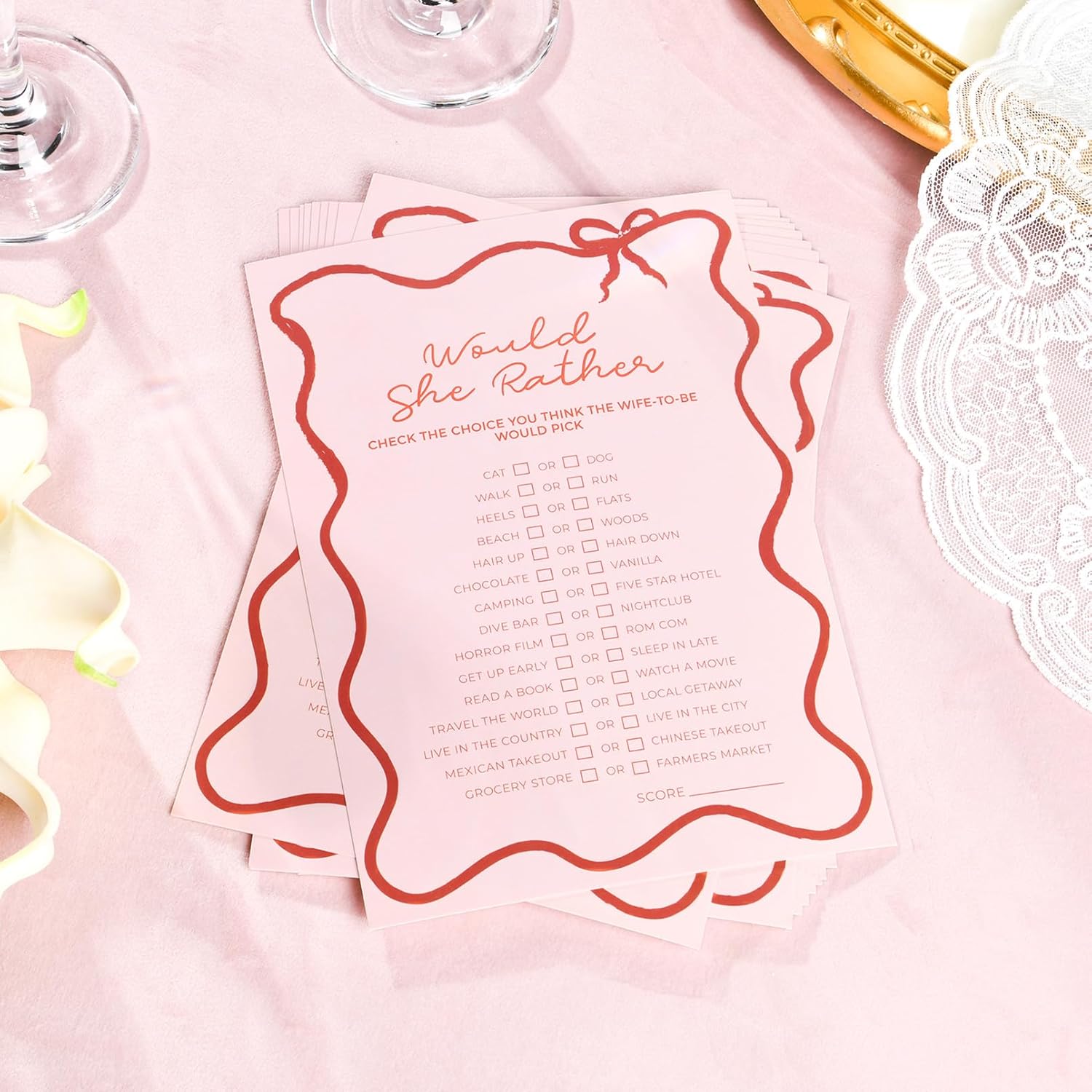 DEEKA 30 PCS Bridal Shower Games Card for 30 Guests Pink Wavy Border Ribbon Bow Funny Wedding Bachelorette Party Games for Reception (Would She Rather)