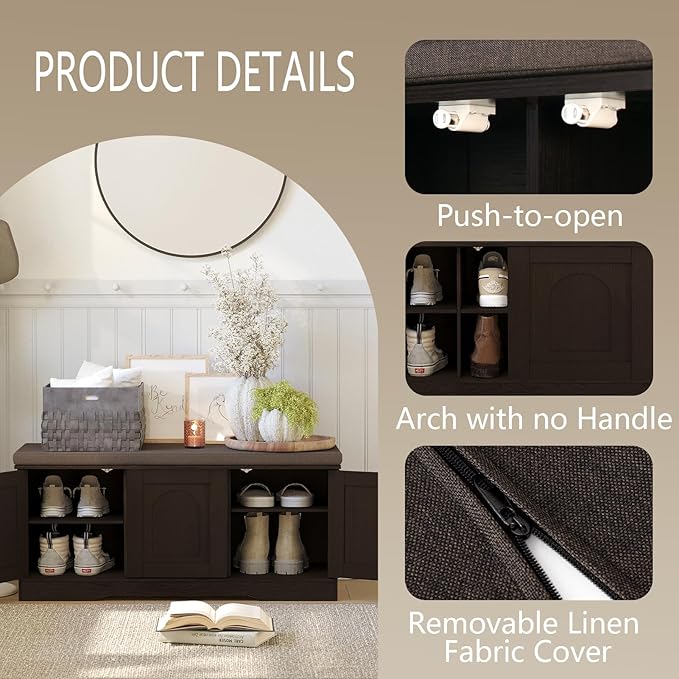 DINZI LVJ Shoe Bench, Entryway Storage Bench with Doors, Cushion, 2-Tier Shoe Rack with 6-Cubby, 39.4”L x 13.8”W Shoe Organizer Cabinet, Adjustable Shelf, Living Room, Bedroom, Espresso-PawvioPets