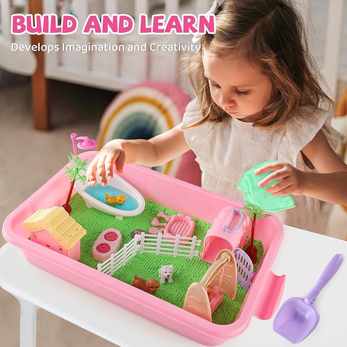 21 PCS Pet Sensory Bin, Dog & Cat Sandbox with Sand & Box, Play Sand Art Toys Kit, Pet Care Play Set, Beach Toys for Kids Ages 4-8, Birthday Gift Girls Boys 3 4 5 6 7 Years Old-PawvioPets