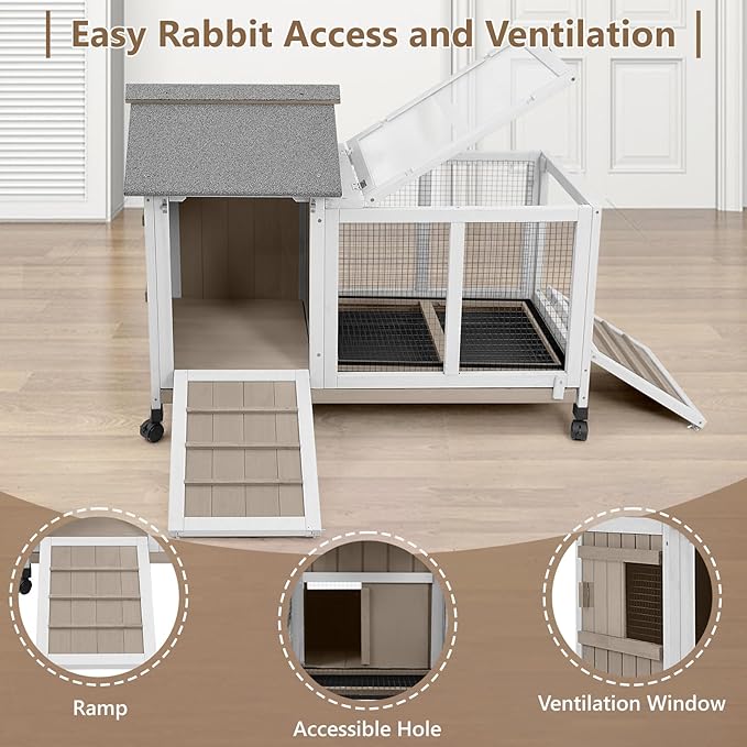 38''L Rabbit Hutch Outdoor Indoor with Wheels, Wooden Expandable 2 Story Bunny House Rabbit Cage with Run, Waterproof Roof, Pull Out Tray, Guinea Pig Cage Chicken Coop for Small to Medium Pets-PawvioPets