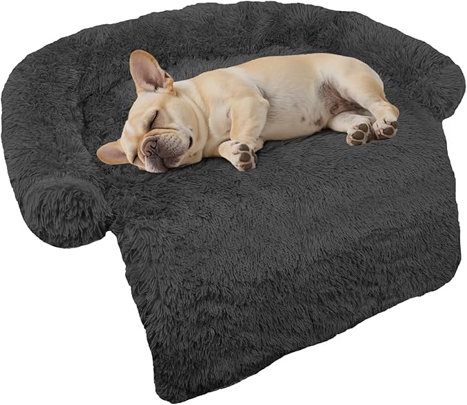 Calming Dog Bed Fluffy Plush Dog Mat for Furniture Protector with Removable Washable Cover for Large Medium Small Dogs and Cats (Small(35x31x5), Dark Grey)-PawvioPets
