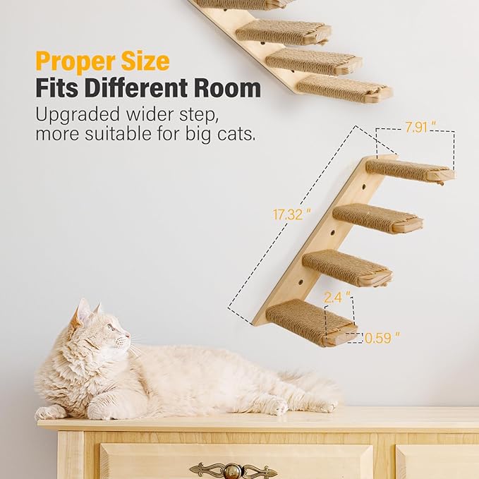 4-Step Cat Wall Shelves and Stairs With Sisal Rope - Improved & Stronger Tree Supplies, Large, Brownish White-PawvioPets