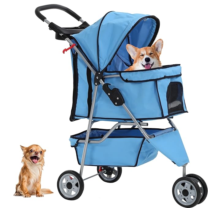 Dog Stroller,3 Wheels Travel Folding Pet Stroller for Small Medium Dog Cat Jogger Stroller with Storage Basket Removable Liner Blue-PawvioPets