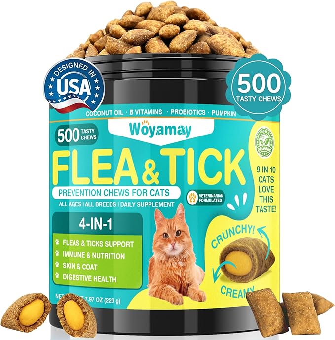 4-IN-1 Flea and Tick Prevention for Cats, 500 Crunchy & Creamy Chews, Cat Flea Treatment, Natural Oral Flea Treatment for Cats, Daily Support for Flea, Immune, Skin & Coat, Gut, Chicken Flavor-PawvioPets