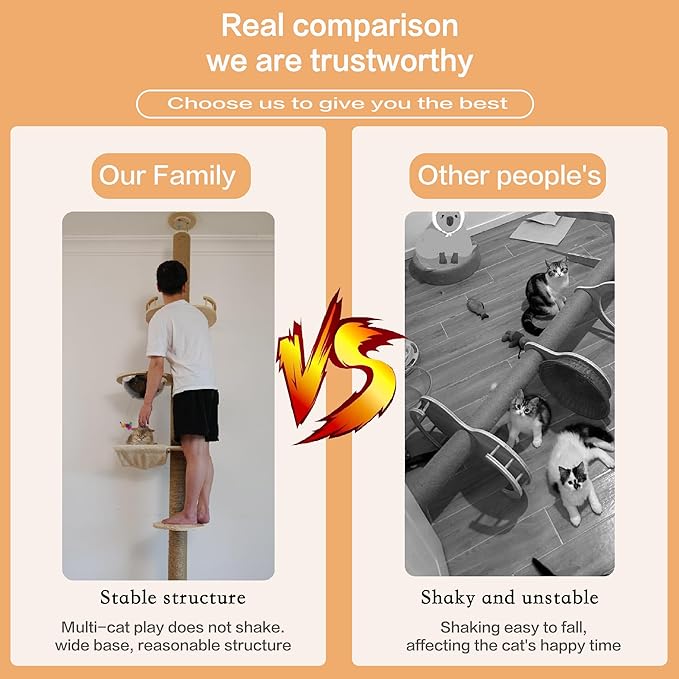 Floor to Ceiling Cat Tree Height (50-120 in) Adjustable Cat Tower 5 Tier Hemp Scratching Post High Cat Tree Sturdy Activity Tree Indoor Outdoor Cat Scratching Post Activity Center-PawvioPets