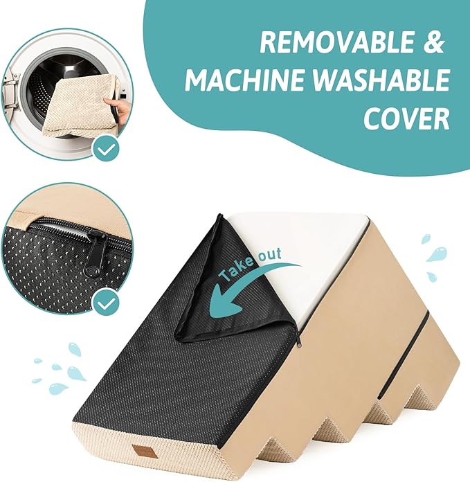 Dog Stairs for Small Dogs, 5 Tier Removable Wider Pet Stairs for Couch and Bed, 23.6" H Non-Slip Dog Steps for Puppies and Old Cats with Support Board, 29.5x19.7x23.6 inch, Beige-PawvioPets