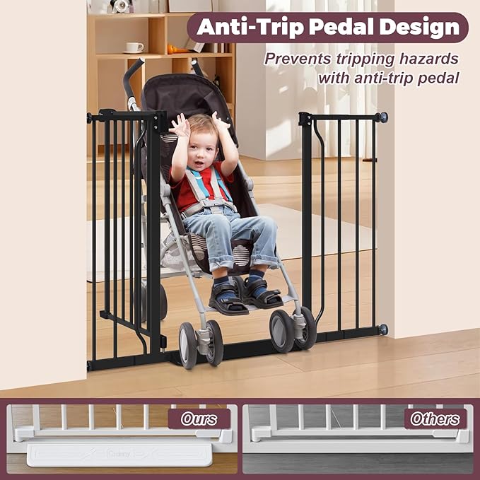 29"-45" Baby Gate for Stairs, Auto Close Stroller Friendly Dog Gate Indoor for Doorways, Pressure Mounted Baby Gate, Easy Walk Through Gate for Children & Pets, Black-PawvioPets