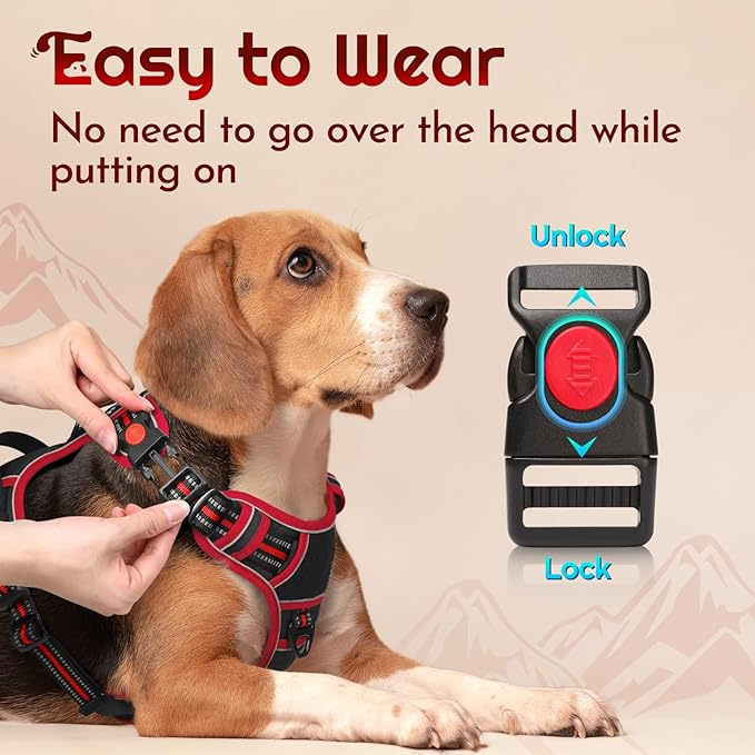 Eagloo Dog Harness for Large Dogs, Easy Wearing with 3 Buckles, Adjustable No Pull Pet Harness with 2 Rings for Walking, No Chock Reflective Soft Padded Vest with Control Handle, Black & Red, L-PawvioPets