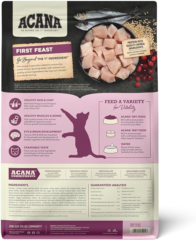 ACANA Dry Cat Food for Kittens, First Feast, Free Run Chicken and Whole Herring, 4lb-PawvioPets