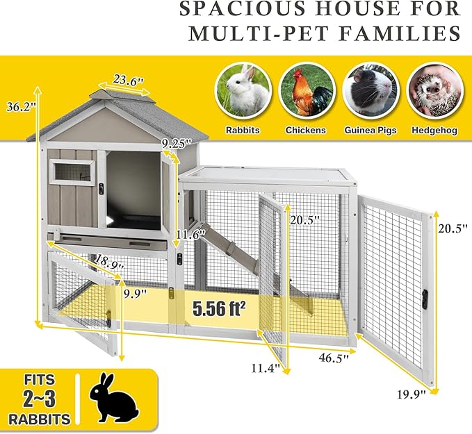 47''L Rabbit Hutch Outdoor Chicken Coop with Run, Wooden Indoor 2 Story Bunny House with Waterproof Roof, Pull Out Tray, Guinea Pig Rabbit Duck Cage for Small to Medium Animals and Pet Lover, Gray-PawvioPets