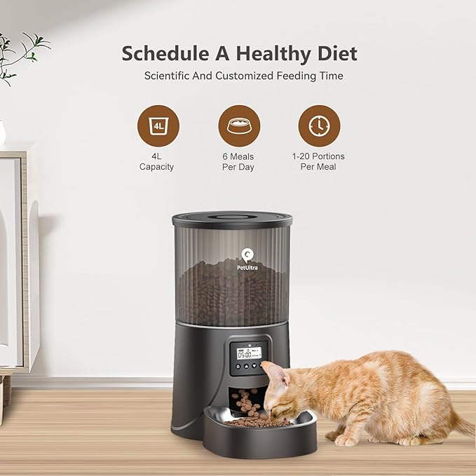 Automatic Cat Feeder: 4L Timed Cats Food Dispenser Programmable 1-6 Meal for Cat and Small Medium Dog- Auto Pet Feeder Easy to Set Up Dual Power Supply with Desiccant Bag| Detachable Washable-PawvioPets
