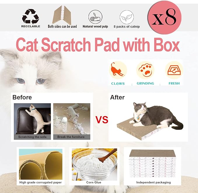 8 Packs in 1 Cat Scratch Pad, Cat Scratcher Cardboard,Reversible,Durable Recyclable Cardboard, Premium Scratch, Suitable for Cats to Rest, Grind Claws and Play-PawvioPets